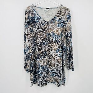 J. Jill Size Medium Tan Brown Floral V Neck Crushed Velvet Tunic Top 3/4 Sleeve